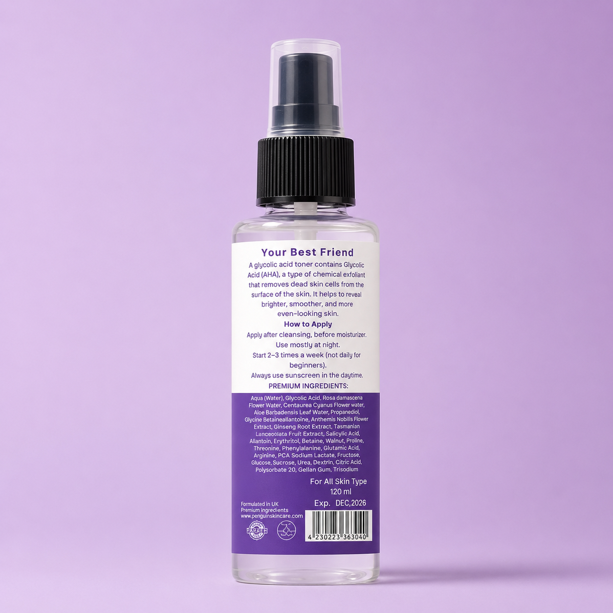 Penguin Skincare Glycolic Glow Toner on plain background